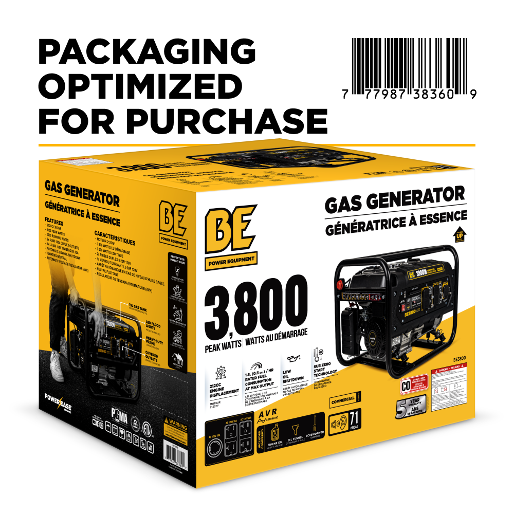 BE Power Equipment BE3800 Gas Generator retail packaging showing 3800 peak watts, 212CC engine, sub-zero start technology, and UPC barcode