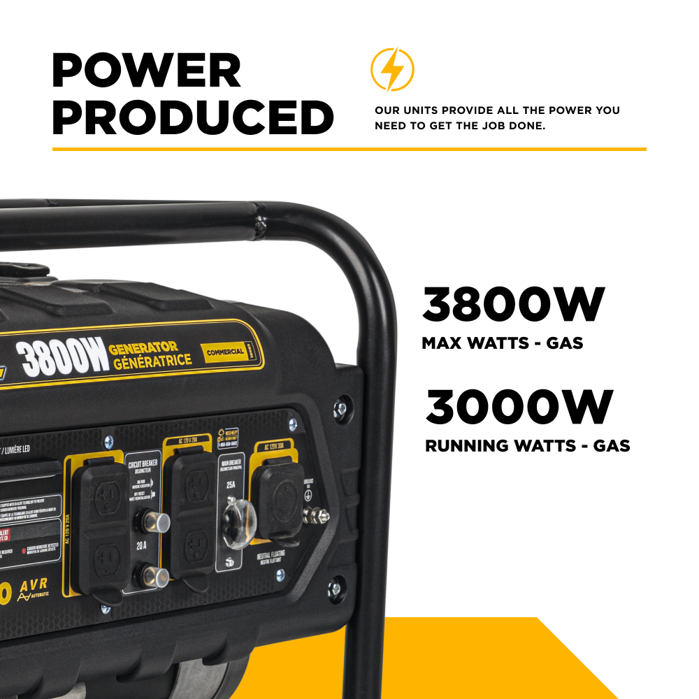 BE3800 Generator outlet panel close-up showing 3800W max watts and 3000W running watts gas output