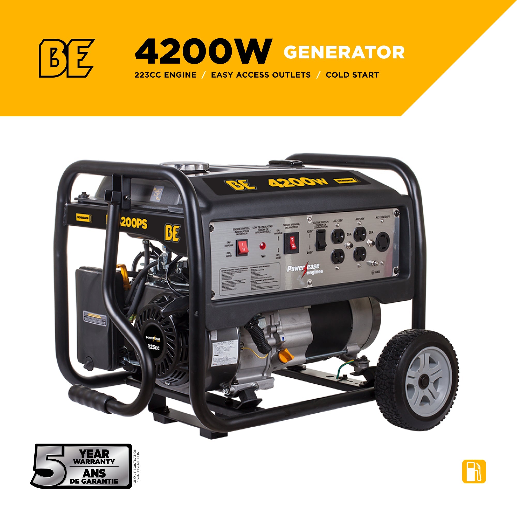 BE Power Equipment BE4200PS 4,200W Portable Generator with 223CC engine and 5-year warranty badge