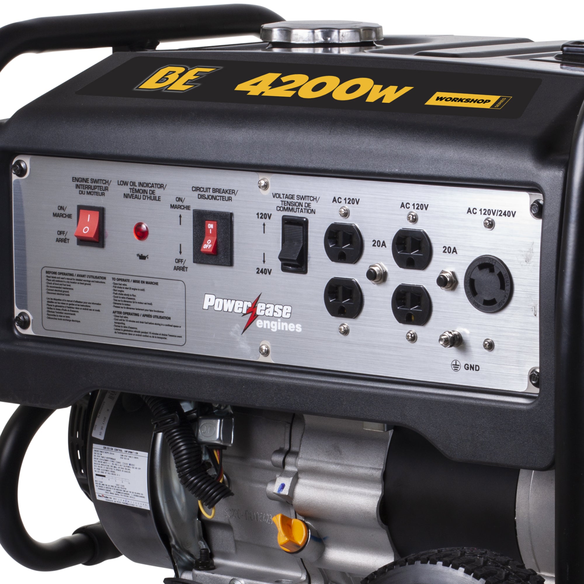 BE Power Equipment BE4200PS generator control panel close-up with engine switch, low oil indicator, circuit breaker, and AC outlets