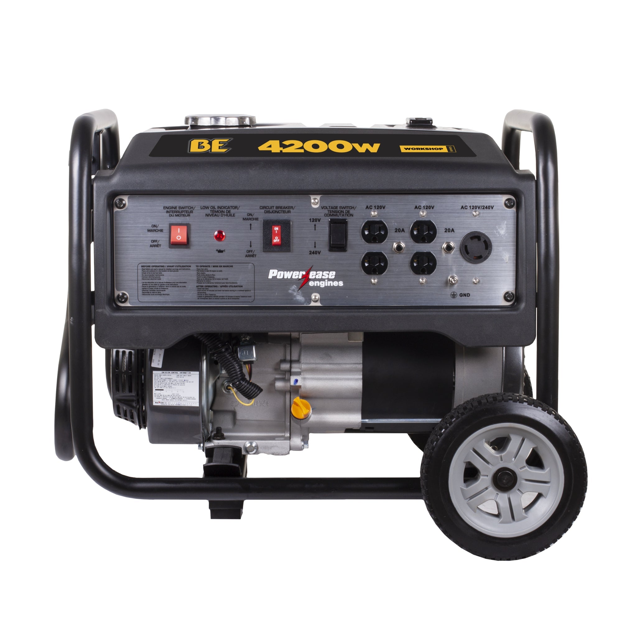 BE Power Equipment BE4200PS 4,200W generator front view showing full control panel and flat-free wheels