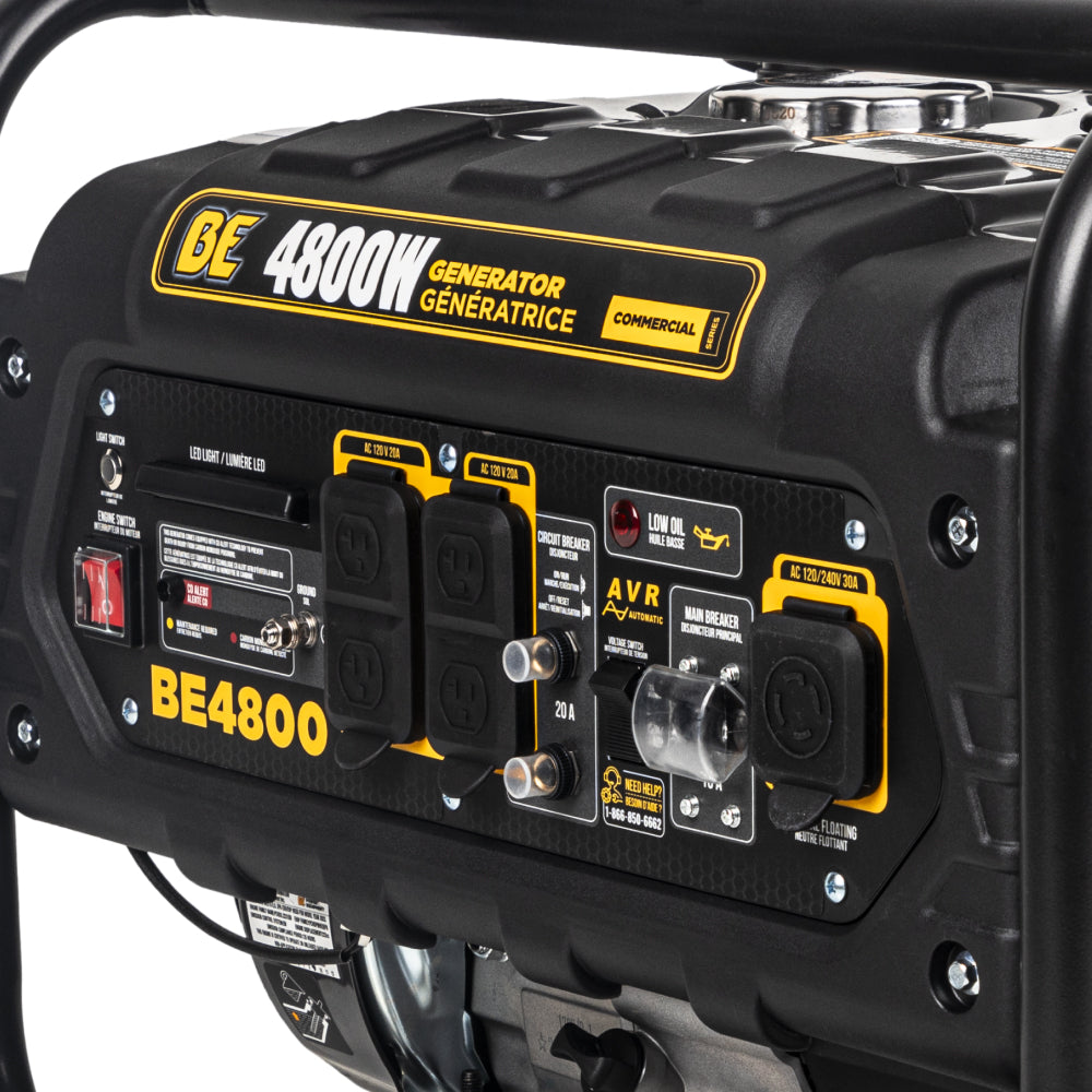 BE4800 Generator control panel close-up - AC outlets, AVR, CO alert, low oil indicator, and main breaker