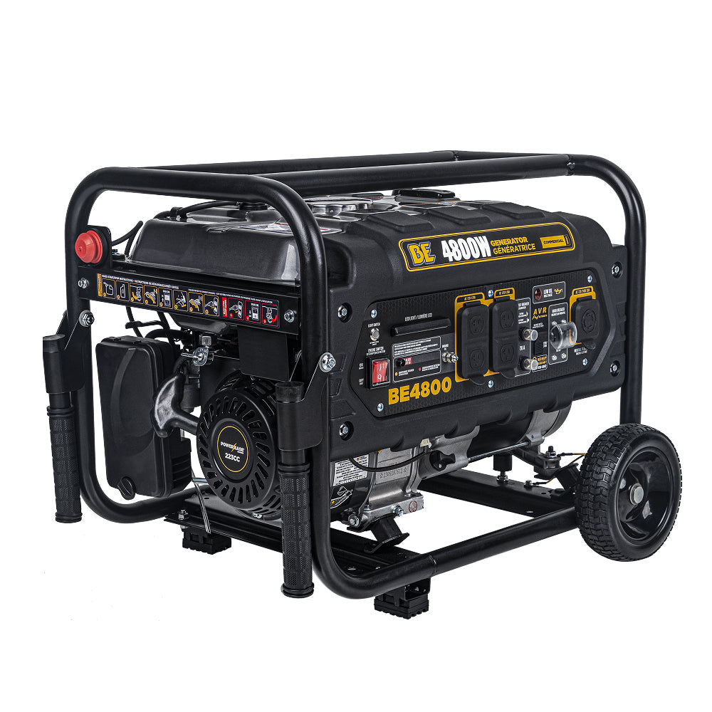 BE Power Equipment BE4800 4,800W Portable Gas Generator - three-quarter front view on white background