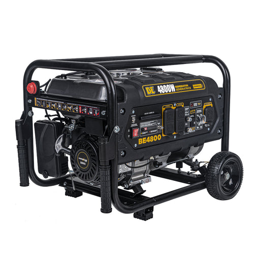 BE Power Equipment BE4800 4,800W Portable Gas Generator - three-quarter front view on white background