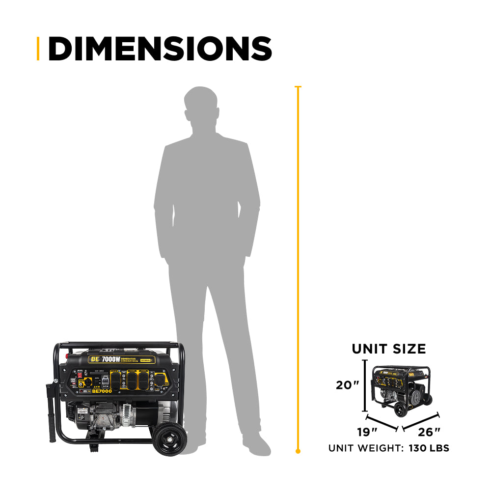 BE Power Equipment BE7000 generator dimensions - 26" x 19" x 20" unit size, 130 lbs unit weight