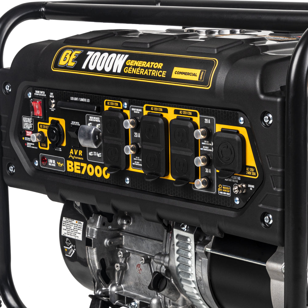 BE Power Equipment BE7000 control panel close-up showing AC outlets, AVR system, low oil indicator, and LED light switch