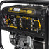 BE Power Equipment BE7000 control panel close-up showing AC outlets, AVR system, low oil indicator, and LED light switch