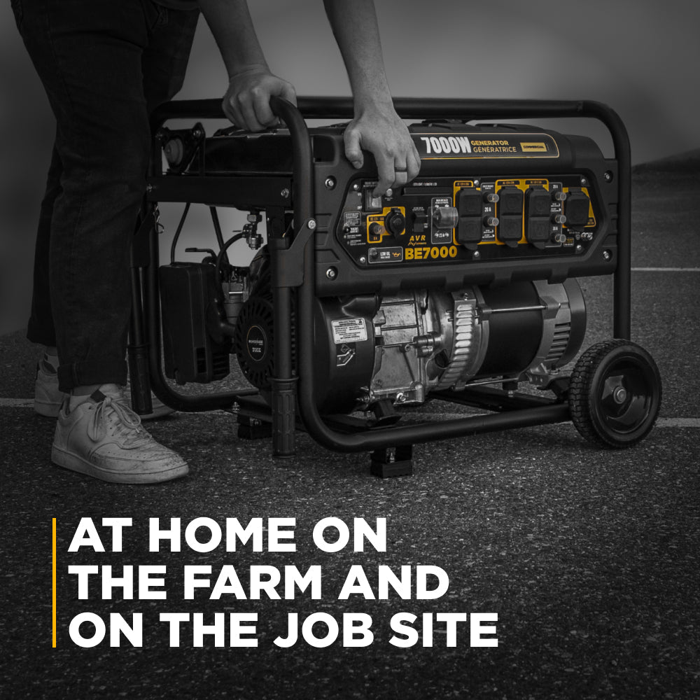 BE Power Equipment BE7000 portable generator being transported on a jobsite - at home on the farm and on the job site