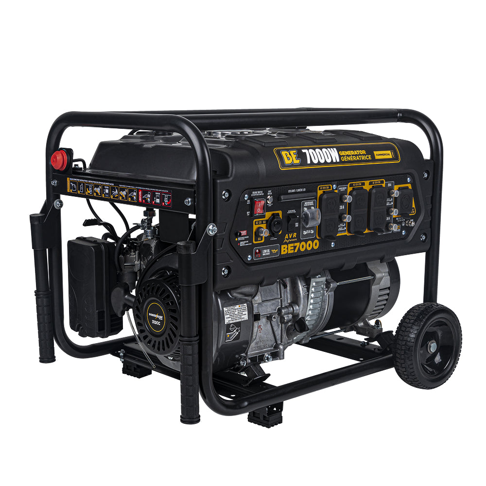 BE Power Equipment BE7000 7,000 Watt Portable Generator - angled view showing control panel, roll cage, and wheels