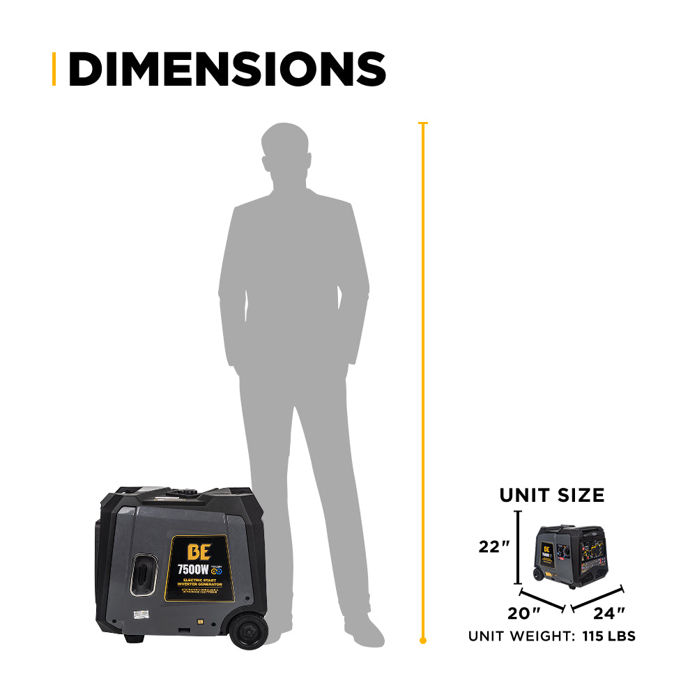 BE Power Equipment BE7500ID dimensions chart - unit size 20 x 24 x 22 inches, unit weight 115 lbs