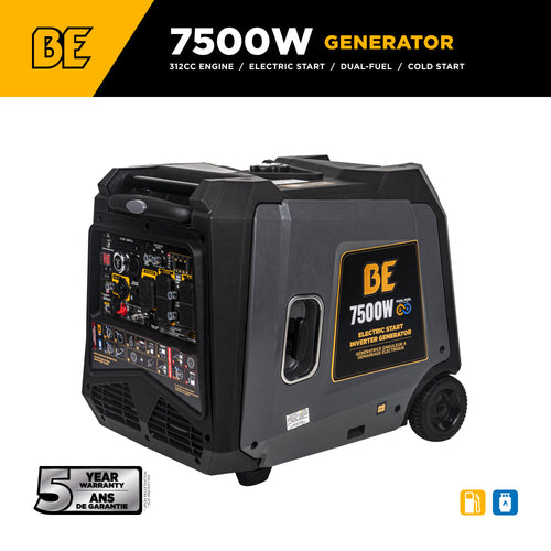 BE Power Equipment BE7500ID 7,500W Generator - 312cc engine, electric start, dual-fuel, cold start - 5-year warranty badge