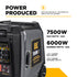 BE Power Equipment BE7500ID power output infographic - 7500W max gas, 6000W running gas, 6000W max LPG, 5500W running LPG