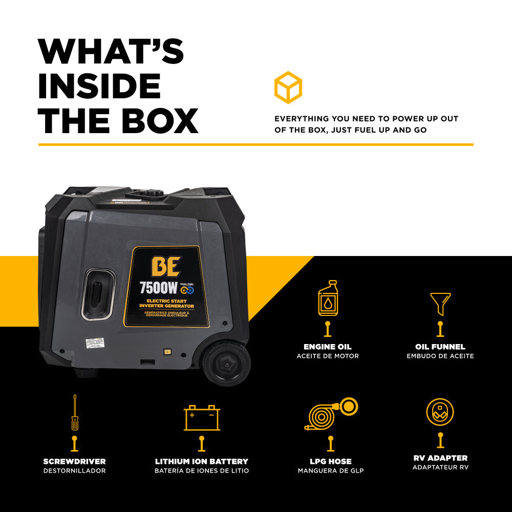 BE Power Equipment BE7500ID whats in the box - generator, engine oil, oil funnel, screwdriver, lithium-ion battery, LPG hose, RV adapter