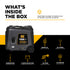 BE Power Equipment BE7500ID whats in the box - generator, engine oil, oil funnel, screwdriver, lithium-ion battery, LPG hose, RV adapter
