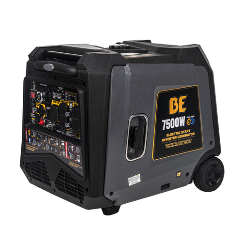 BE Power Equipment BE7500ID 7,500W Dual-Fuel Electric Start Inverter Generator - front angle view showing control panel and wheels
