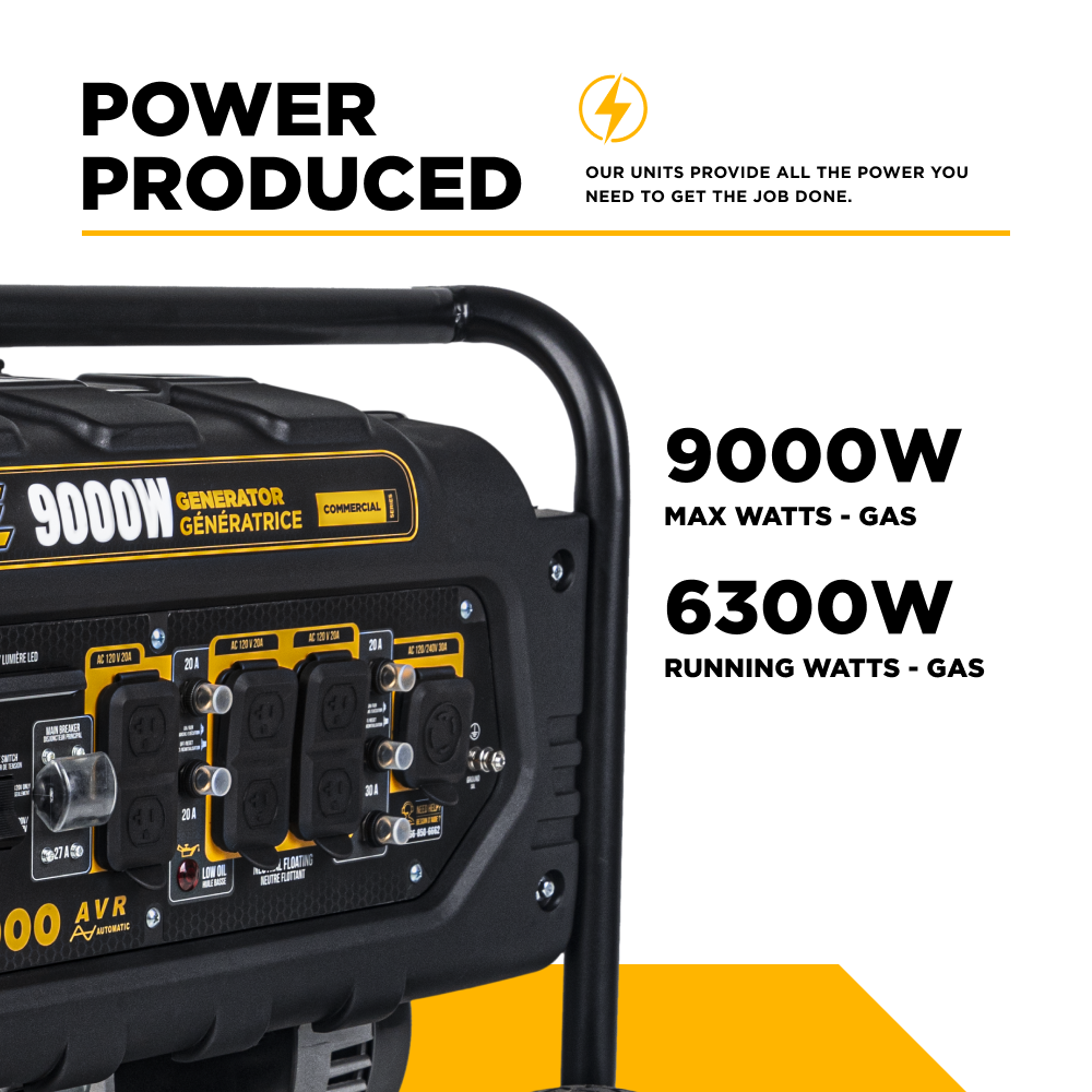 BE9000 generator power output infographic - 9,000W max watts and 6,300W running watts gas