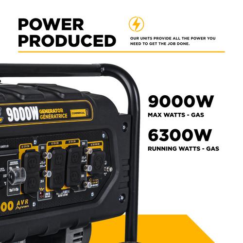 BE9000 generator power output infographic - 9,000W max watts and 6,300W running watts gas