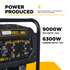 BE9000 generator power output infographic - 9,000W max watts and 6,300W running watts gas