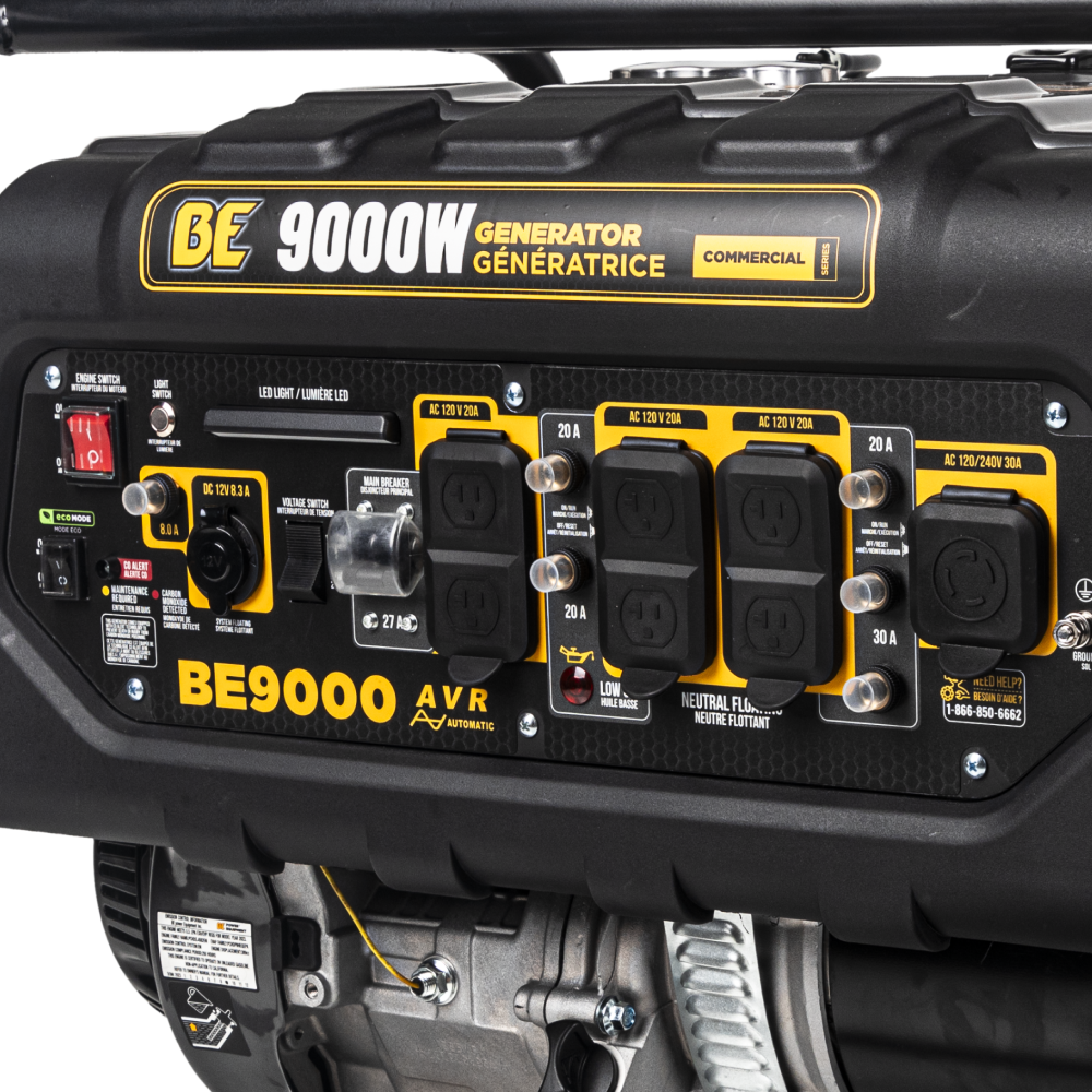 BE9000 generator control panel close-up showing outlets, CO alert, AVR, LED light, engine switch, and breakers