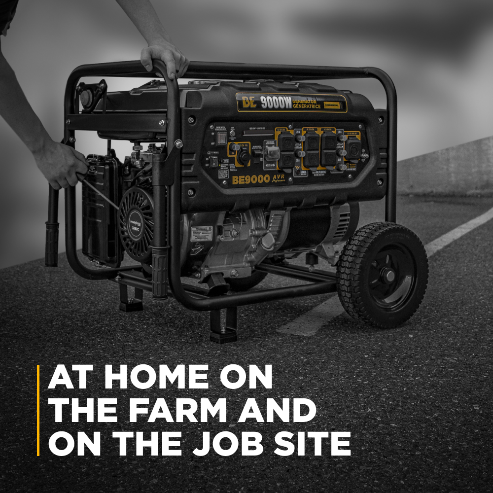 BE Power Equipment BE9000 portable generator being rolled on job site pavement