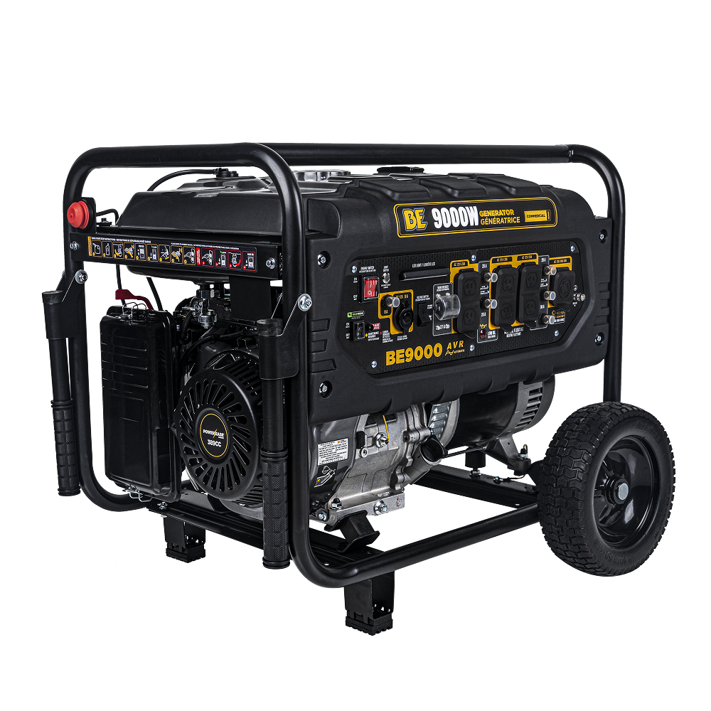 BE Power Equipment BE9000 9,000W Commercial Portable Generator - three-quarter view showing control panel, roll cage, and wheels