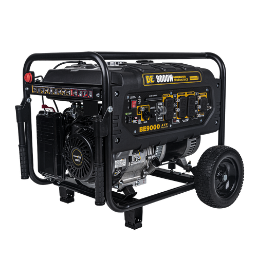 BE Power Equipment BE9000 9,000W Commercial Portable Generator - three-quarter view showing control panel, roll cage, and wheels