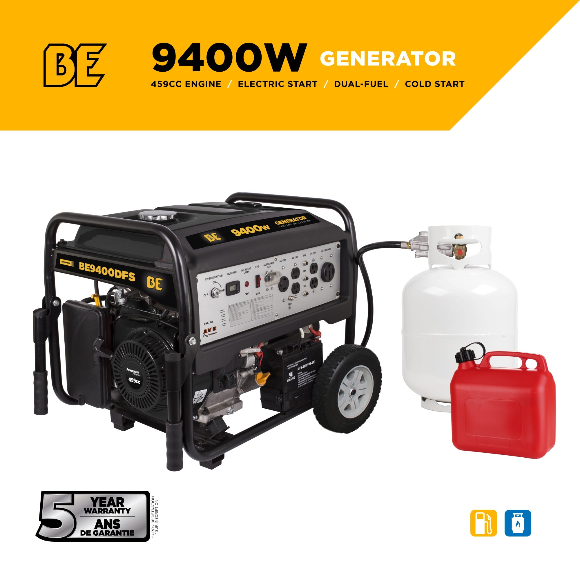 BE Power Equipment BE9400DFS 9400W Dual Fuel Electric Start Generator with propane tank and gas can