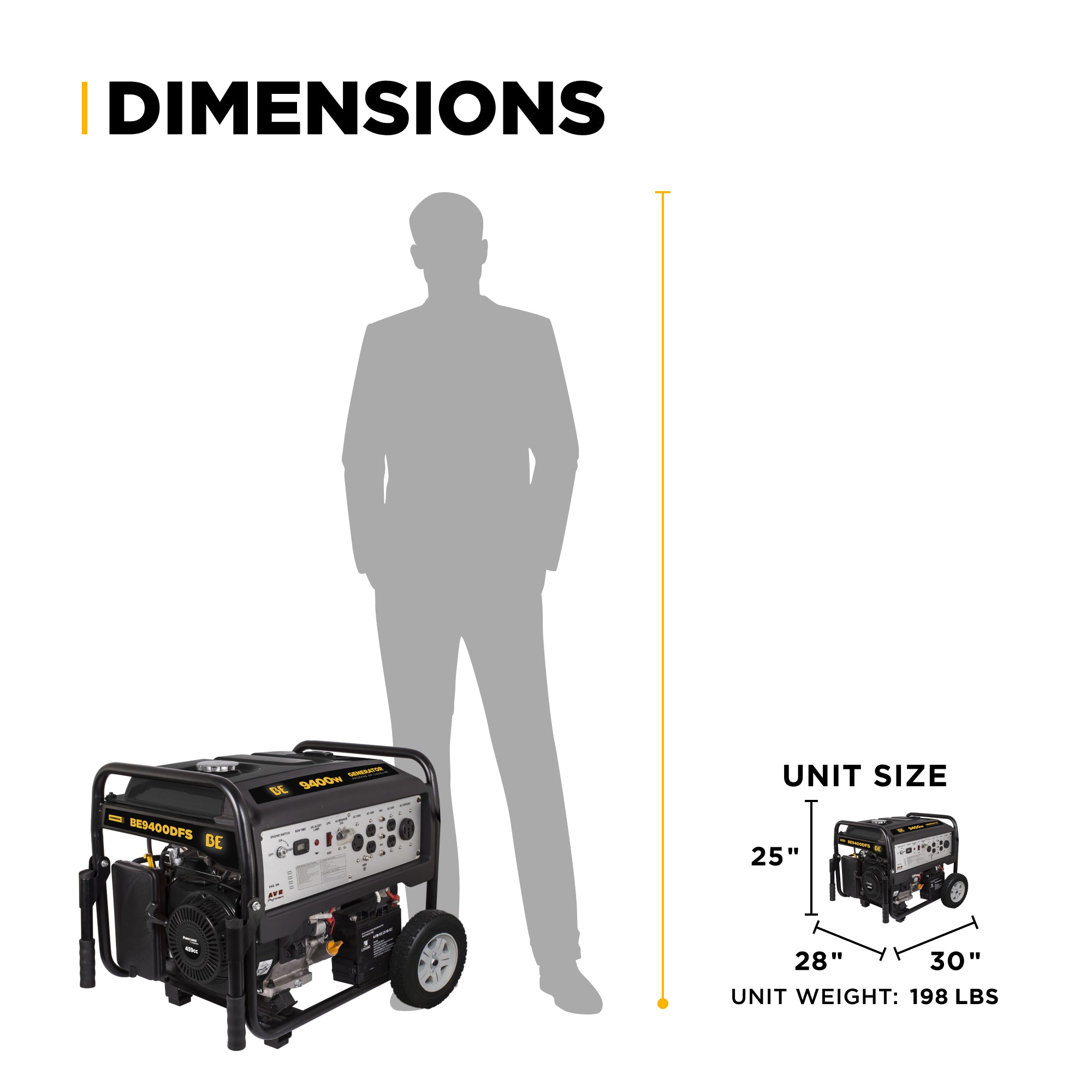 BE Power Equipment BE9400DFS Génératrice de démarrage électrique à double carburant de 9 400 watts