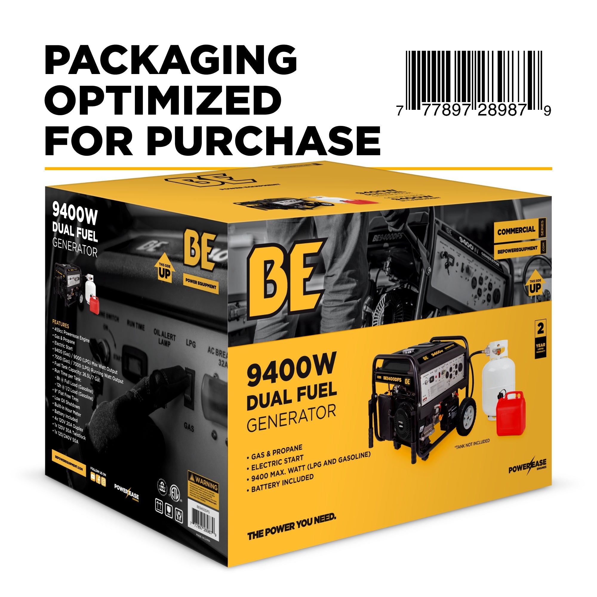 BE Power Equipment BE9400DFS Génératrice de démarrage électrique à double carburant de 9 400 watts