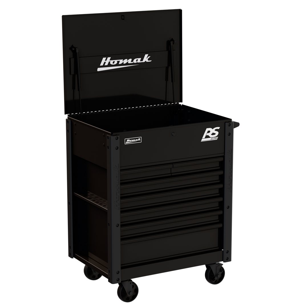 Homak RS Pro 7-Drawer Service Cart in Midnight Black, open lid 30-degree view with rubber grip handle