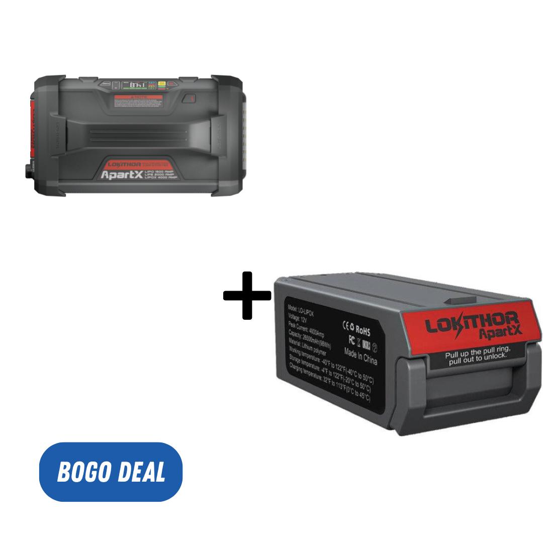 Kit LOKITHOR APARTX Apartx : démarreur/batterie externe avec batterie détachable 12 V 4000 A, gonfleur d’air 150 PSI, lampe torche 500 lumens et une batterie 12 V 4000 A incluse.
