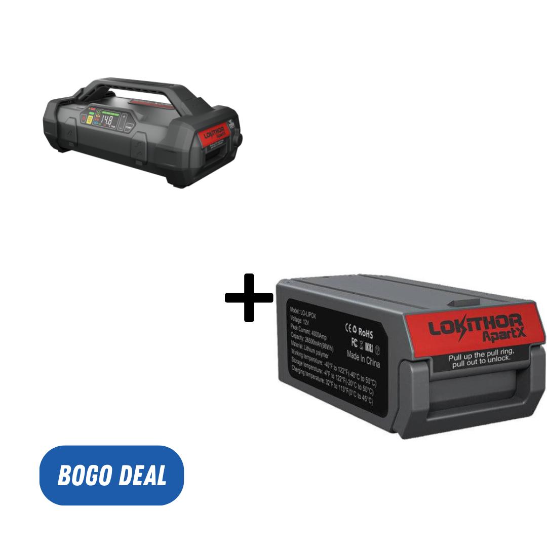 LOKITHOR APARTX-KIT Apartx 12V 4000A Detachable Battery Jump Starter/Power Bank, 150 PSI Air Inflator, 500 Lumen Flashlight, Incl. (1) 4000A 12V Battery