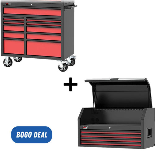 TOBEQ RCBT411121RDBK 41" HD Series 11-Drawer Roller Cabinet, Red/Black