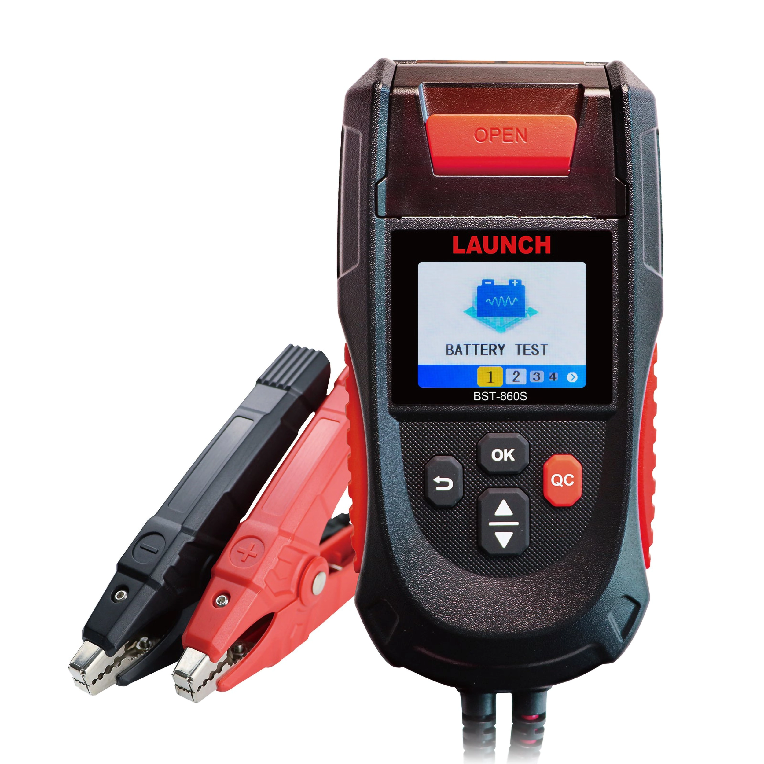 Launch BST860S handheld battery tester with red and black clamps on white background