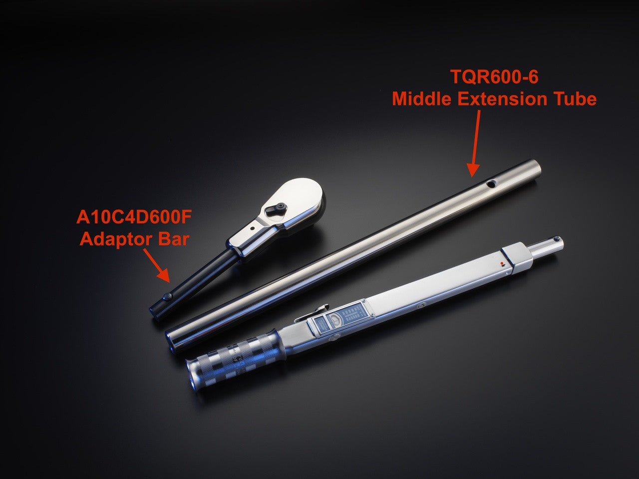 Precision Instruments A10C4D600F Adaptor Bar for C4D600F Torque Wrench shown alongside TQR600-6 Middle Extension Tube and torque wrench body
