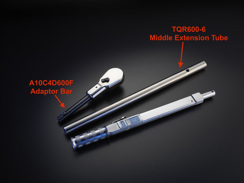 Precision Instruments A10C4D600F Adaptor Bar for C4D600F Torque Wrench shown alongside TQR600-6 Middle Extension Tube and torque wrench body