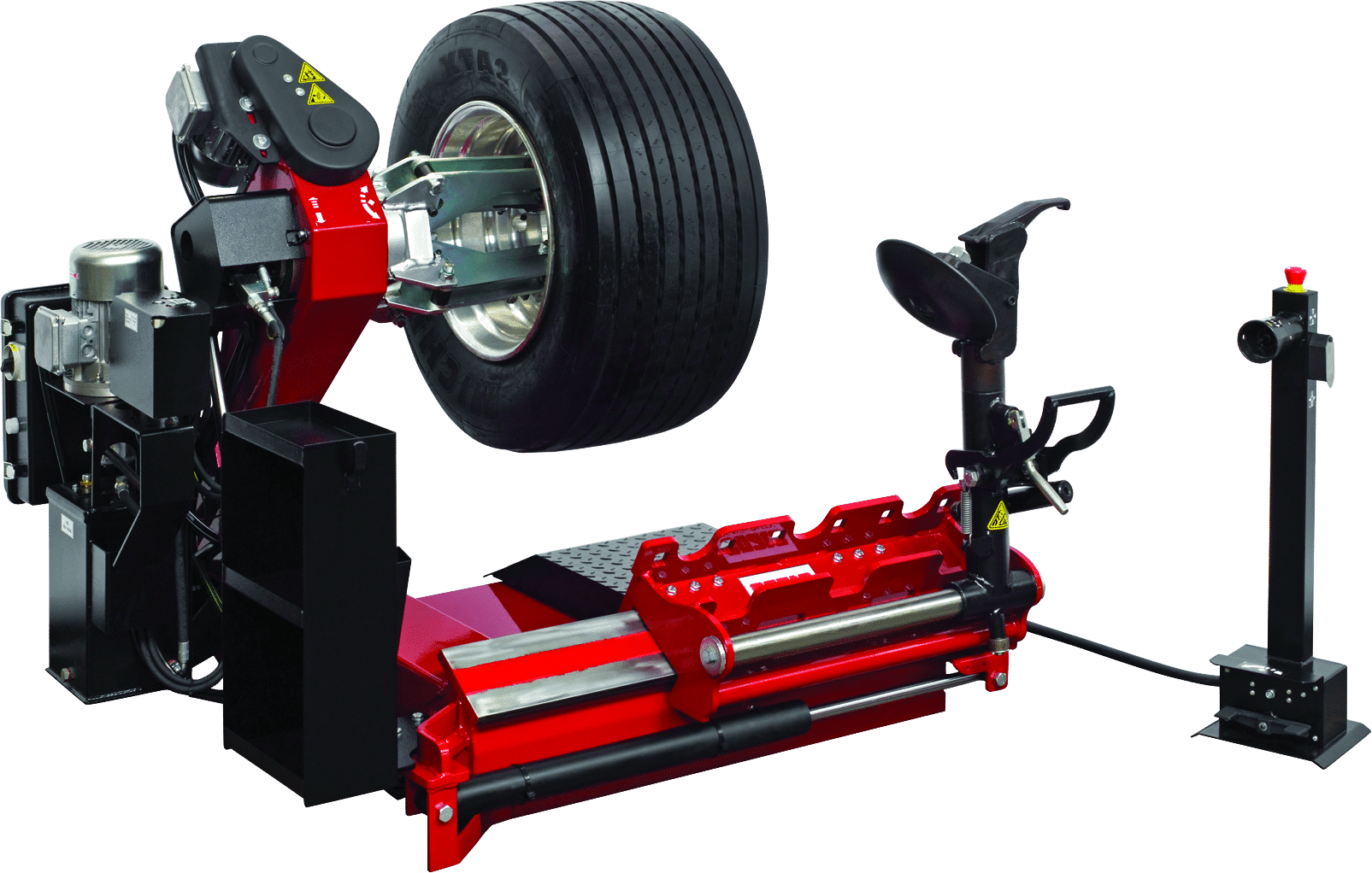 Coats CHD 6330 Heavy Duty Tire Changer full view with large truck tire mounted on four-jaw chuck