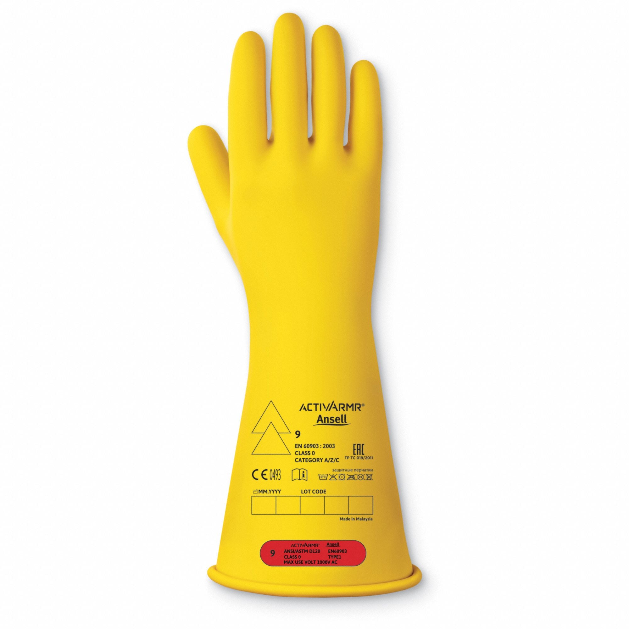 Ansell ActivArmr RIG011Y090 Yellow Class 0 Electrical Insulating Rubber Glove, Size 9, Front View