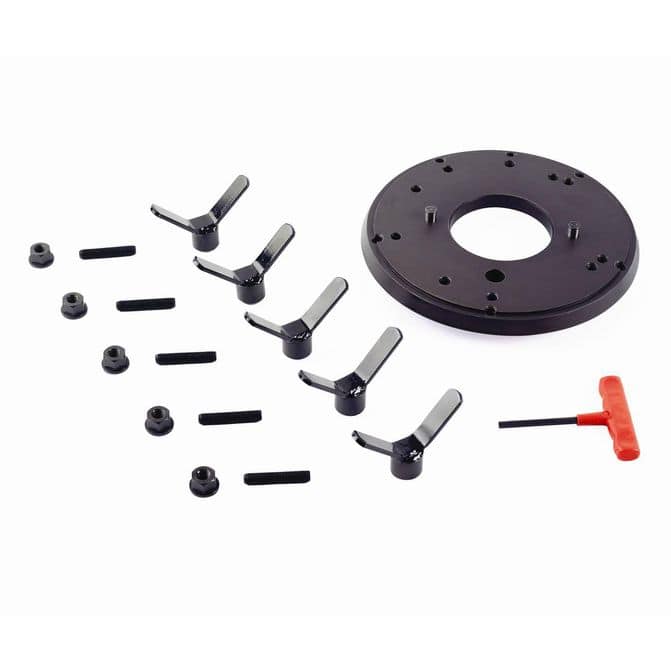 Coats 8143935 Large Stud Piloted Budd Wheel Adapter kit with circular adapter plate, 5 wing nuts, 5 threaded studs, 5 hex nuts, and red T-handle tool