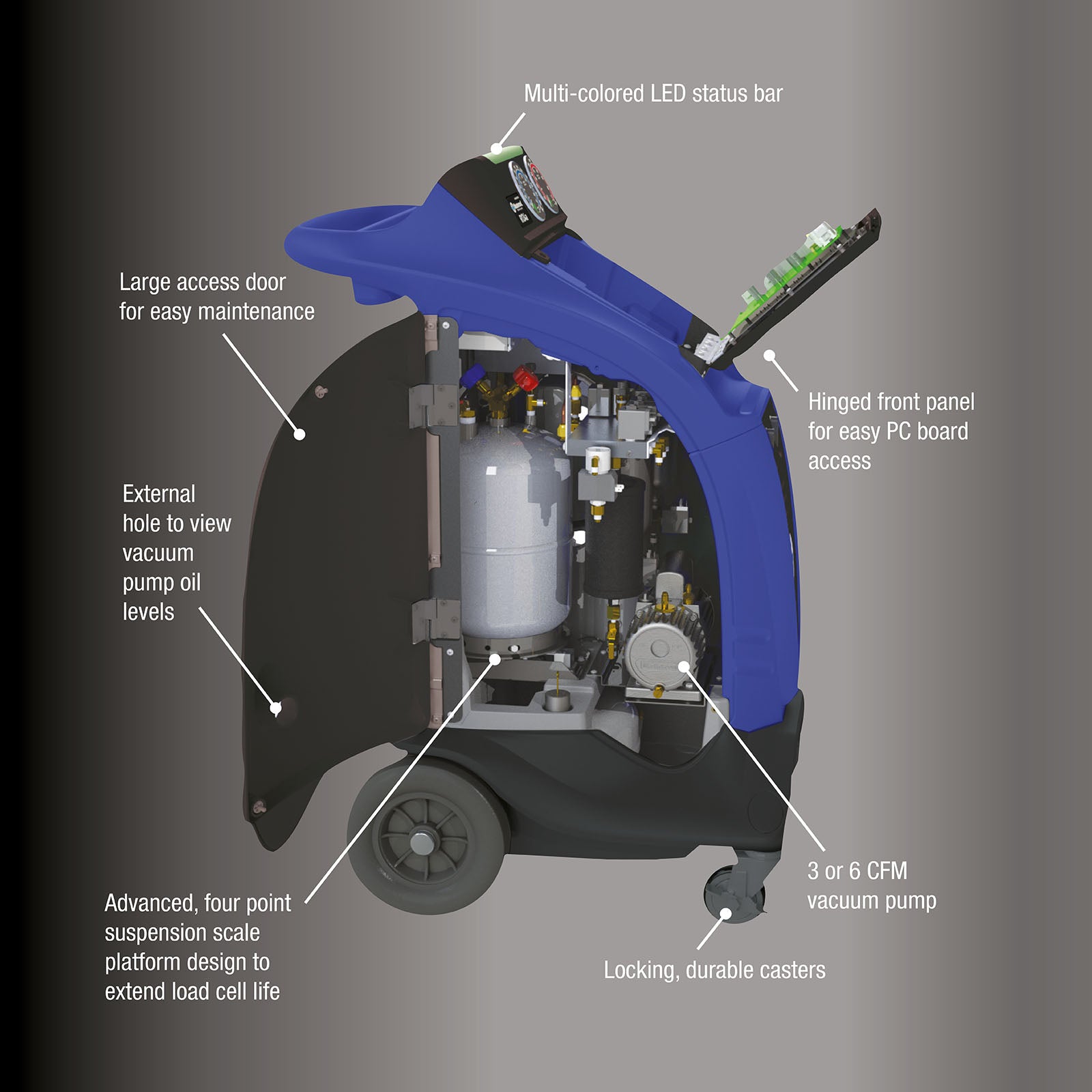 Mastercool COMMANDER4100 RRR Machine internal component callout diagram showing LED status bar, vacuum pump, and locking casters