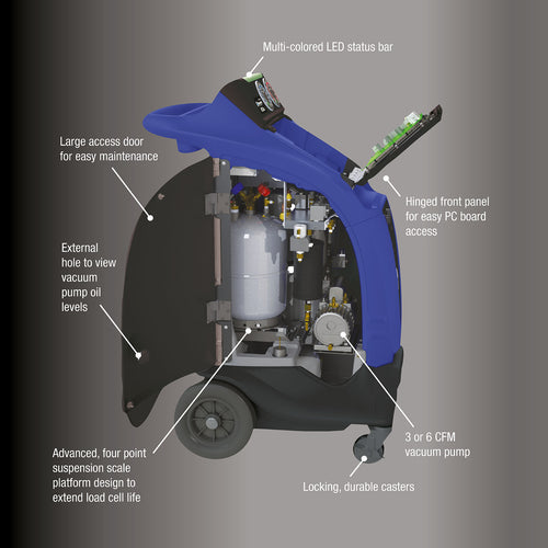 Mastercool COMMANDER2100 interior component callout diagram showing LED status bar, vacuum pump, and locking casters