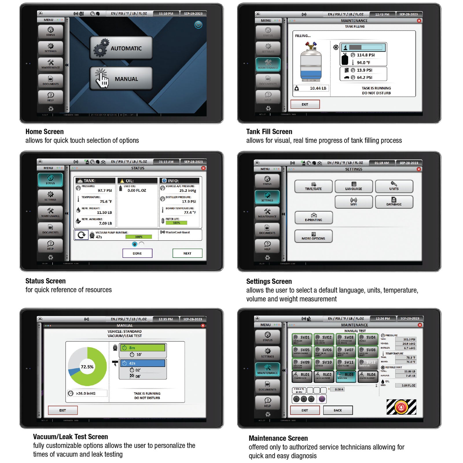 Mastercool COMMANDER4100 RRR Machine touchscreen interface screens showing home, status, tank fill, settings, vacuum test, and maintenance views