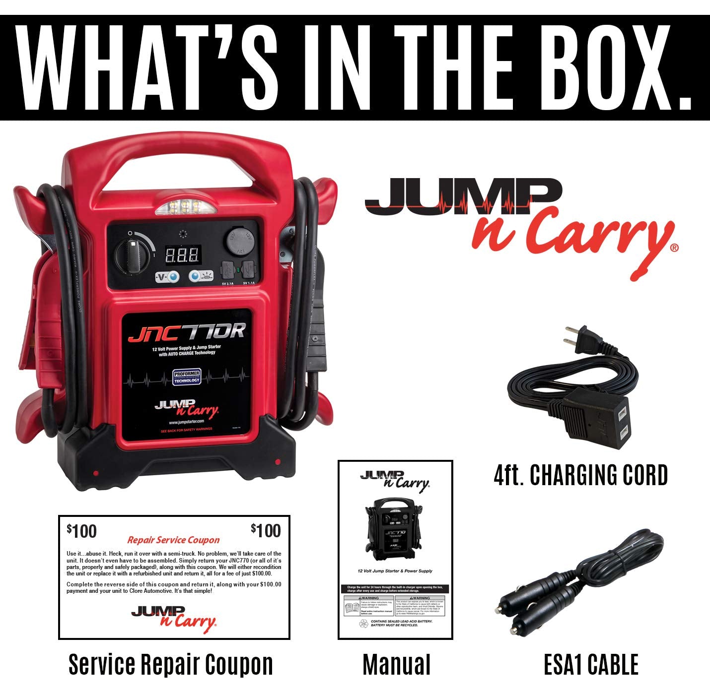 Clore Automotive JNC770R Jump-N-Carry 1700 Peak Amp Premium 12-Volt Jump Starter - Red - MPR Tools & Equipment