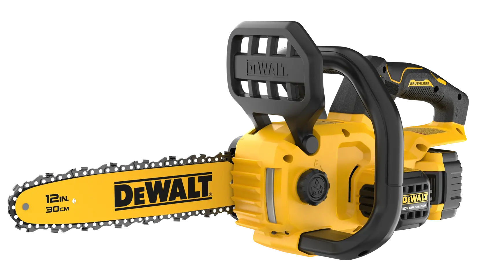 Dewalt DCCS621P1 20V MAX 12-In. Brushless Cordless Chainsaw - clean product view on white background