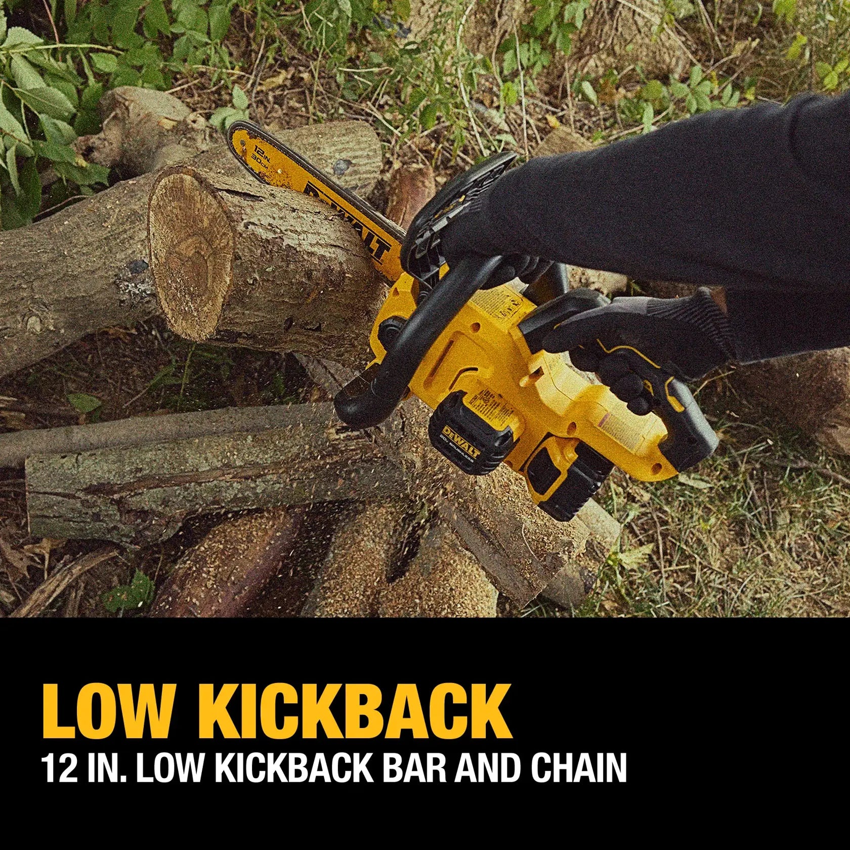 Dewalt DCCS621P1 in action cutting logs - 12-in. low kickback bar and chain