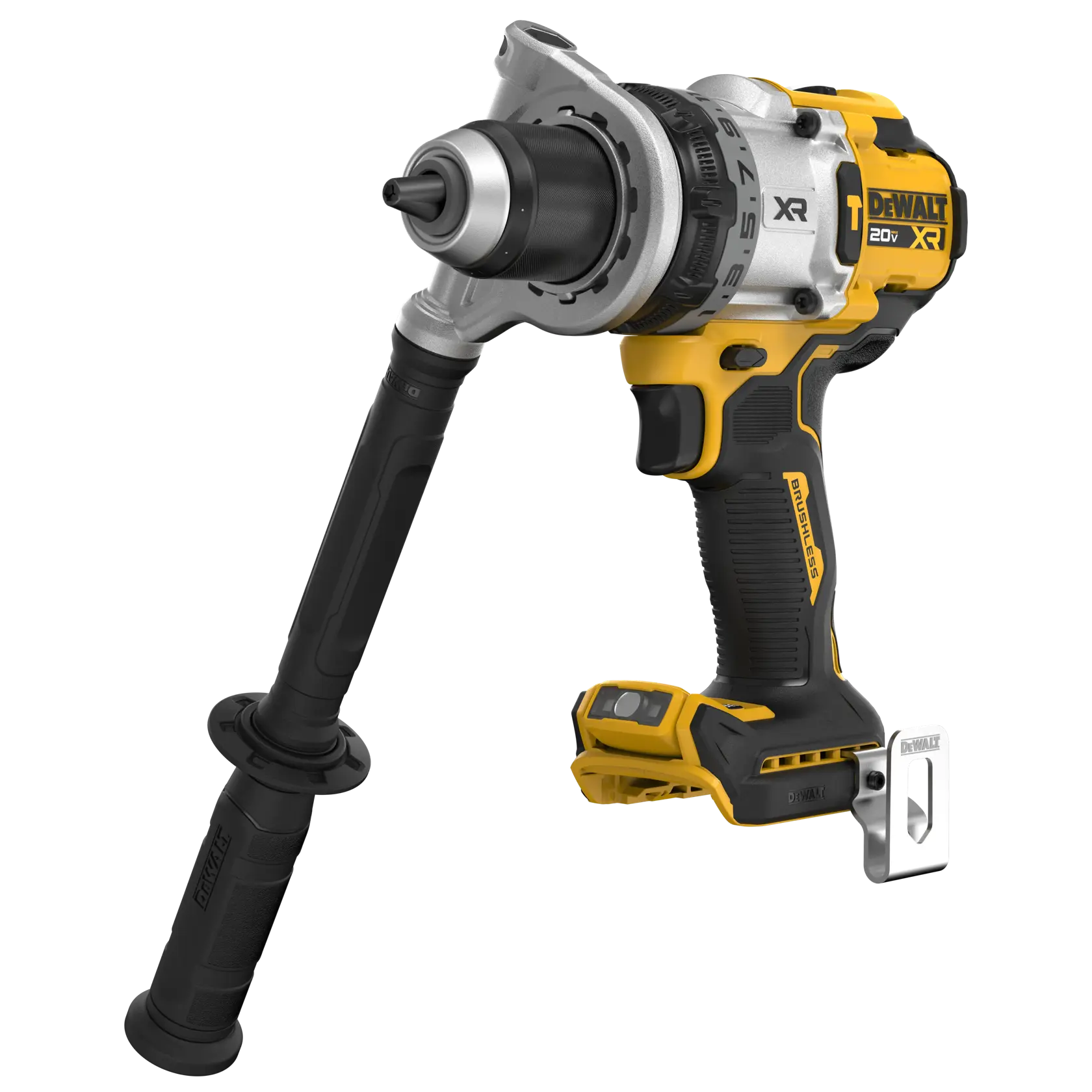 Dewalt DCD1007B 20V MAX XR Brushless 1/2 In. Hammer Drill with side handle on white background