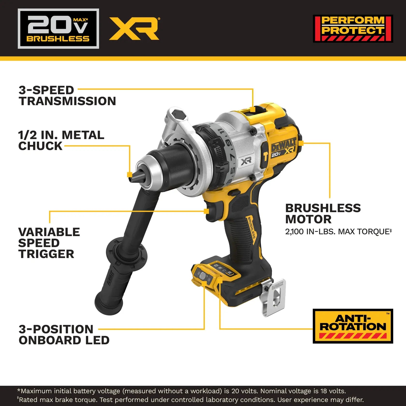 Dewalt DCD1007B 20V MAX XR Brushless Hammer Drill feature callout: 3-speed transmission, 1/2 in. metal chuck, brushless motor, anti-rotation, and 3-position LED