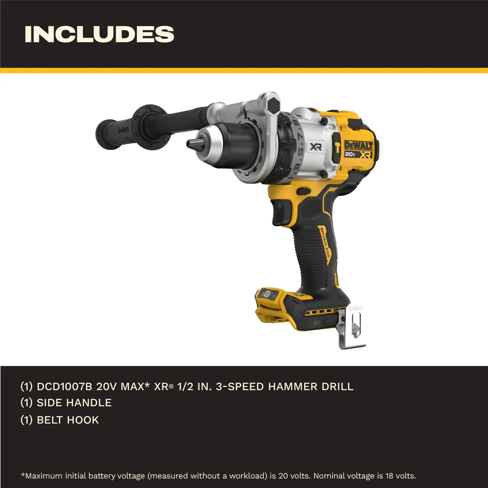 Dewalt DCD1007B 20V MAX XR 1/2 In. Hammer Drill includes: drill, side handle, and belt hook