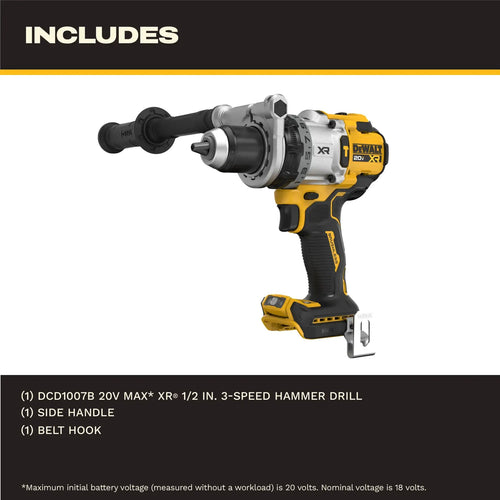Dewalt DCD1007B 20V MAX XR 1/2 In. Hammer Drill includes: drill, side handle, and belt hook