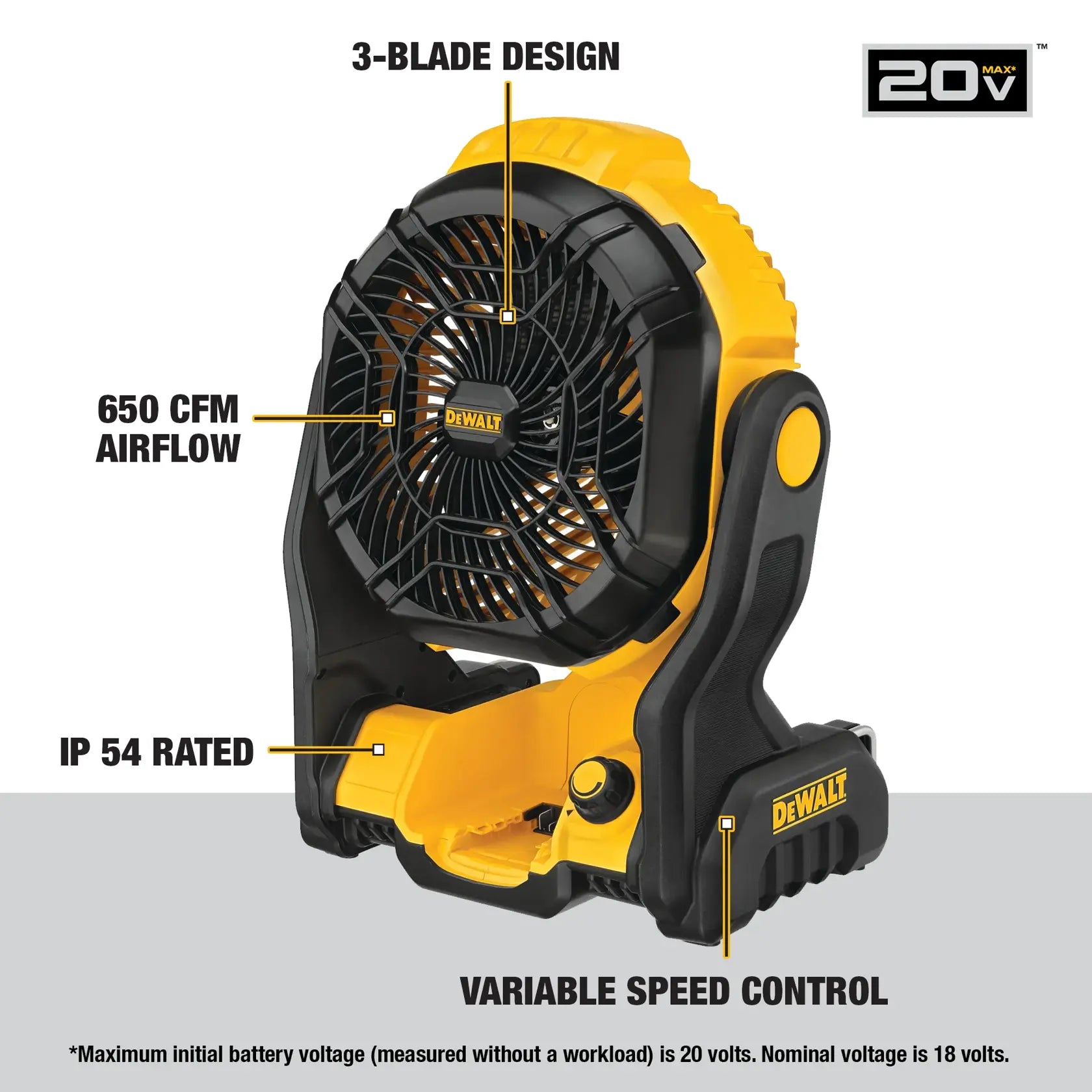 Dewalt DCE512B 20V MAX Cordless Jobsite Fan - 3-Blade Design, 650 CFM Airflow, IP54 Rated, Variable Speed Control